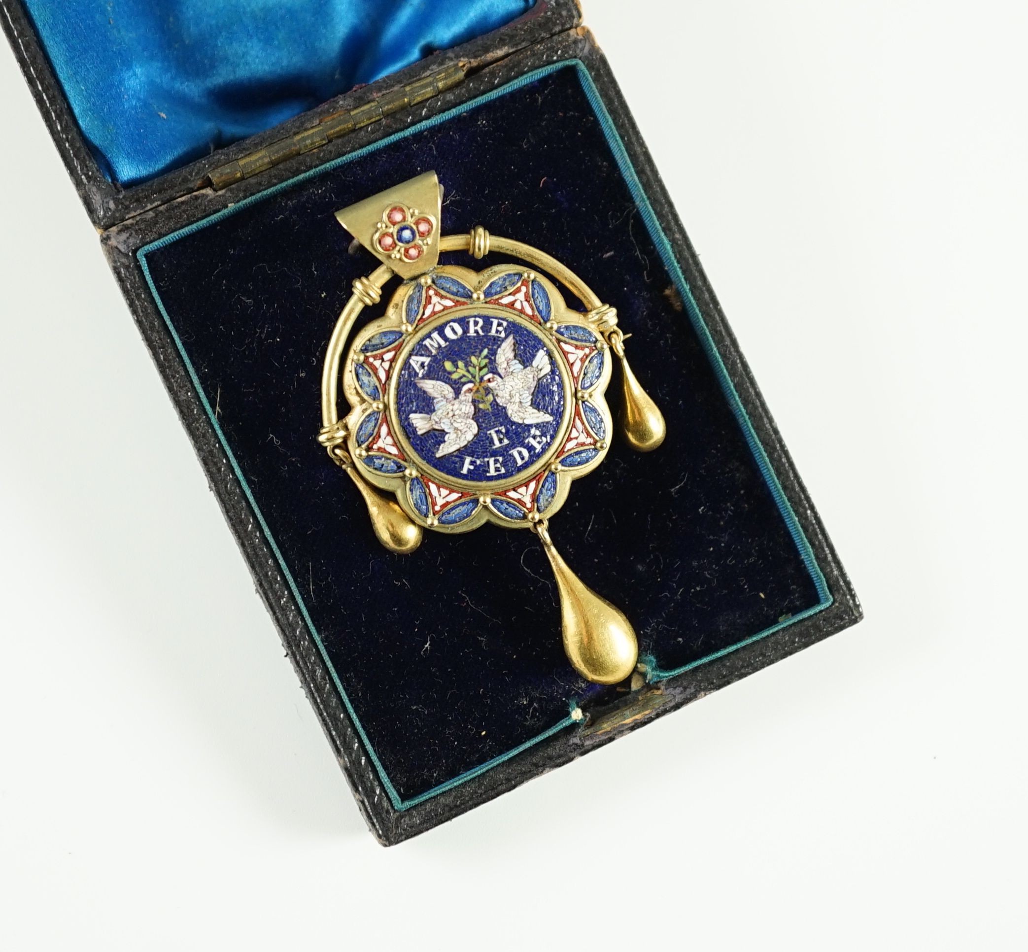 A 19th century Italian gold and micro mosaic set drop pendant brooch